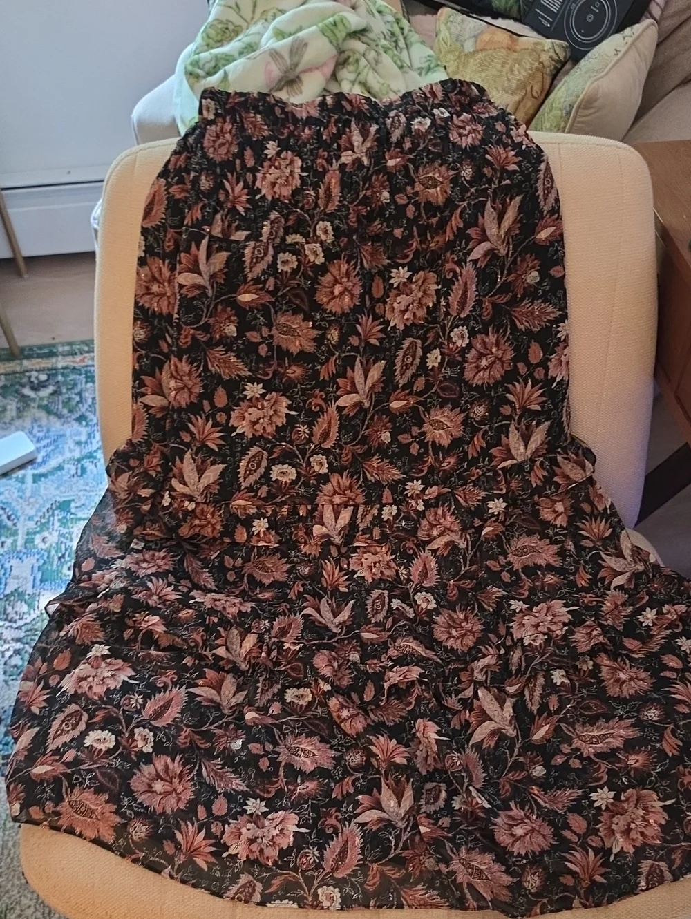 Madewell Black Floral Tiered Midi Skirt with Elastic Waist